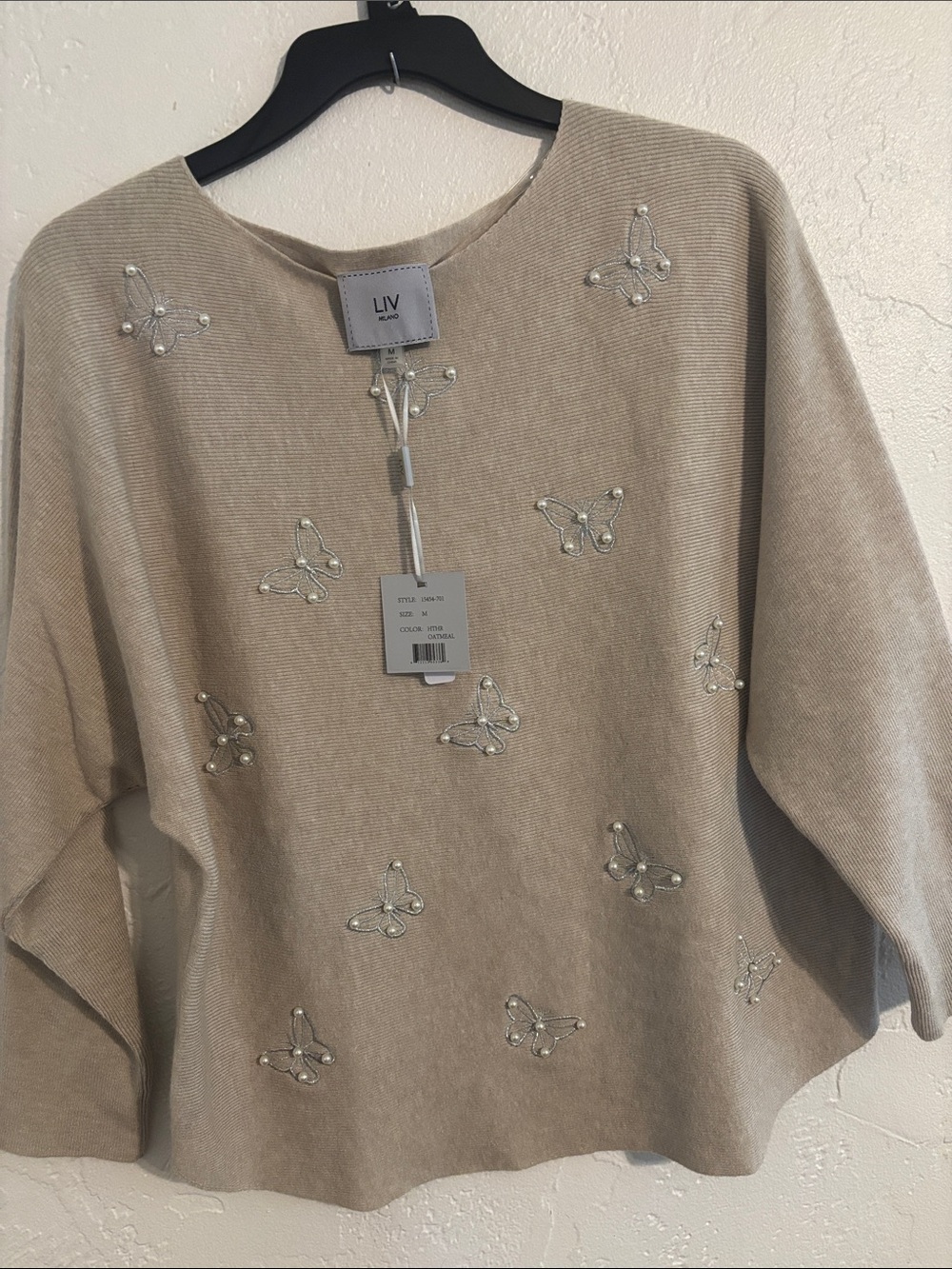 Liv Milano Heather Oatmeal Crewneck Sweater with Beaded Butterflies
